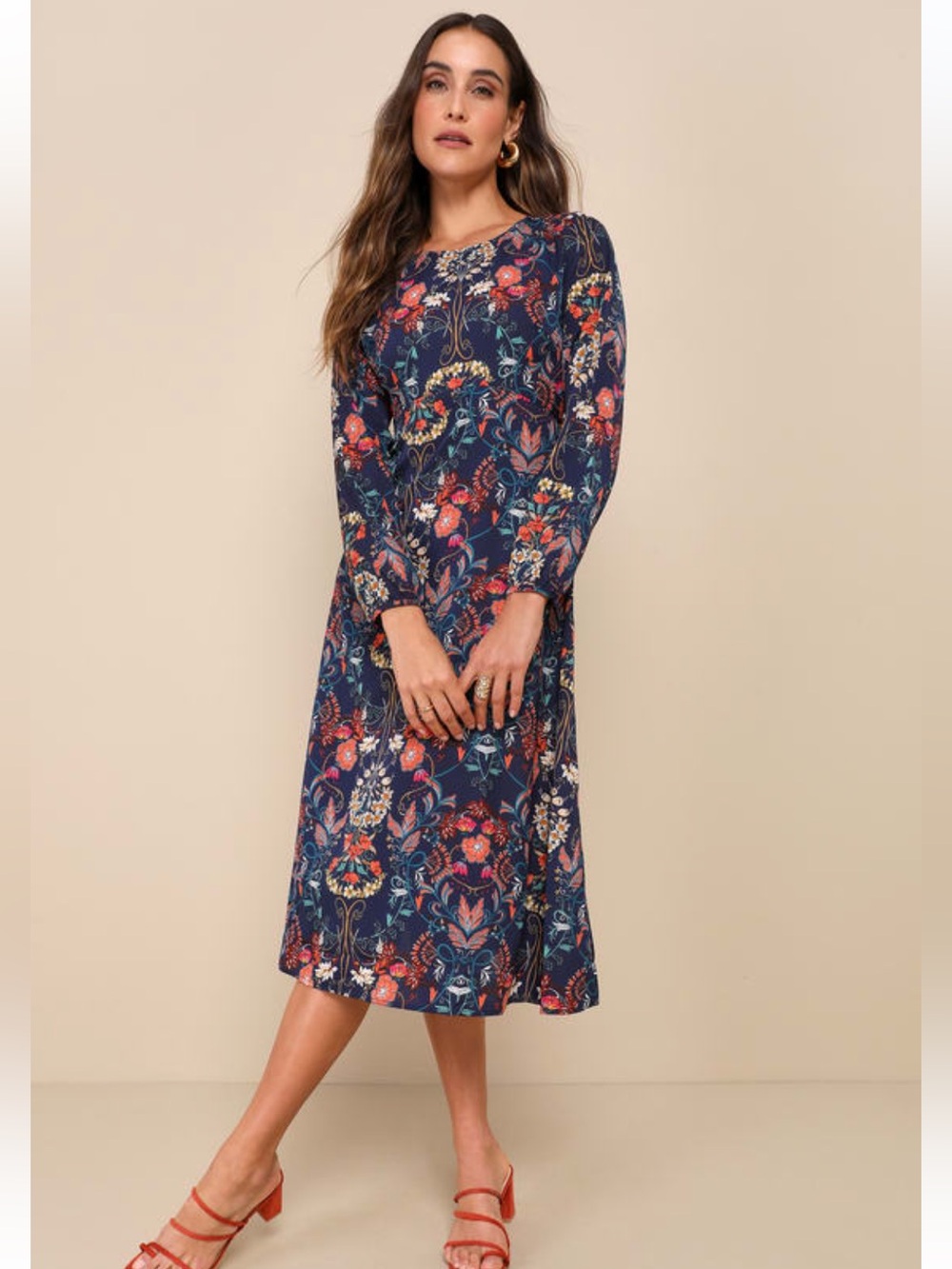 I.Madeline Garden Splendor Navy Blue Floral Print Long Sleeve Midi Dress Lulu’s